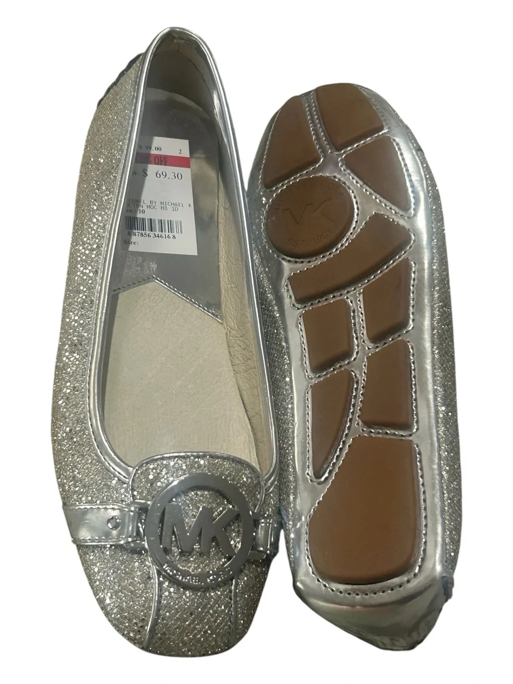 Michael Kors Fulton Moccasin Ballet Flat Silver Metallic Glitter Finish Sz 7M